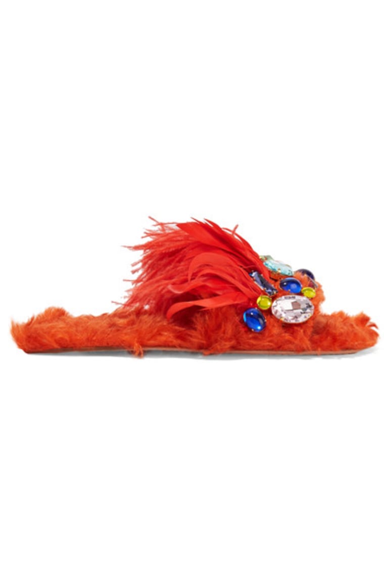 MIU MIU Crystal-embellished shearling and feather slides