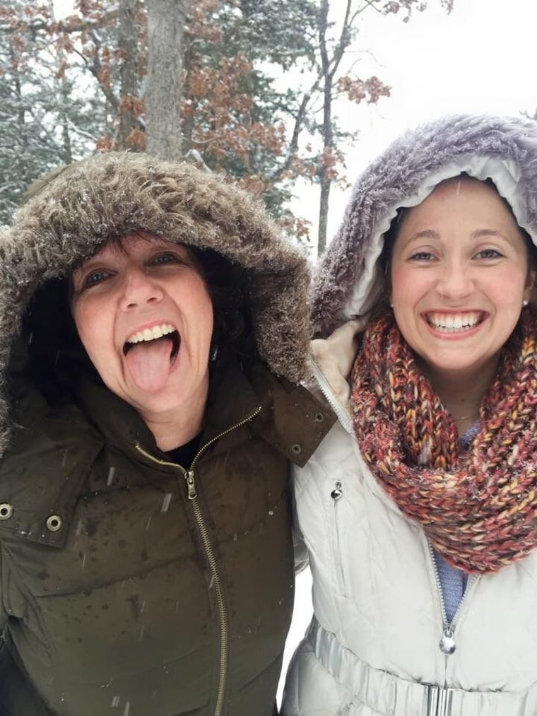 Hillary Hinrichs with her silly, tongue wagging mom, Terry Overfelt.