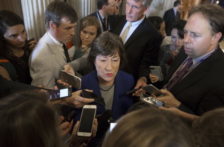 Image: Republican Senator from Maine Susan Collins speaks to members of the media outside the Senate chamber on Capitol Hill