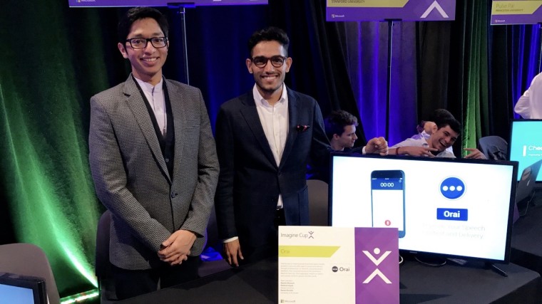 Paritosh Gupta (left) and Danish Dhamani demo their Orai app at Microsoft's Imagine Cup technology competition in April 2017.
