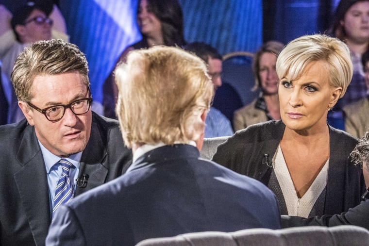 Image: Joe Scarborough and Mika Brzezinski of MSNBC's \"Morning Joe\" moderate a town hall with Republican presidential candidate Donald J. Trump