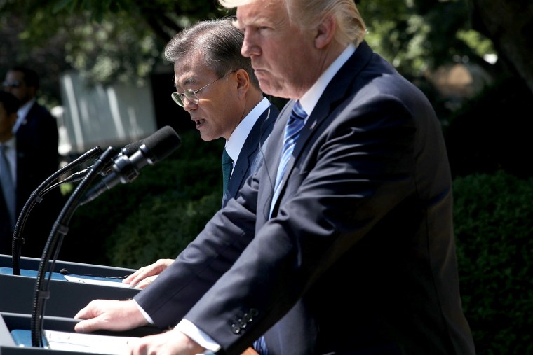 Image: President Donald Trump and South Korean President Moon Jae-in deliver joint statements in the Rose Garden of the White House on June 30, 2017 in Washington, DC.