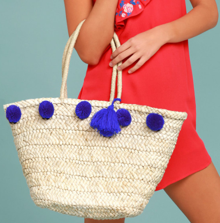 BYRON BAY BEIGE AND BLUE WOVEN POMPOM TOTE