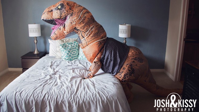 Bride to be does boudoir photo shoot dressed as a dinosaur