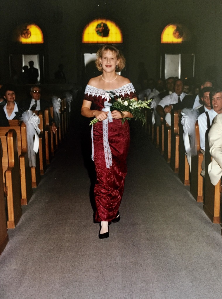 Heidi Mann wearing the Jessica McClintock pattern design down the aisle in 1995.