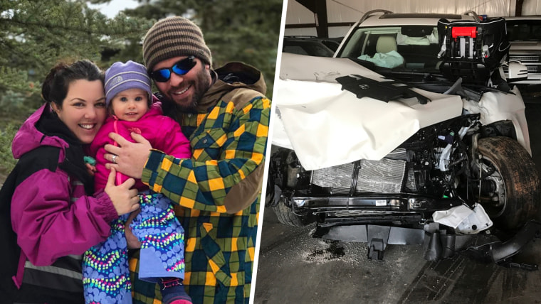 Krystal Keith and her family (left) were involved in a horrific car accident on the Fourth of July. Krystal posted a photo of the wrecked car on Instagram.
