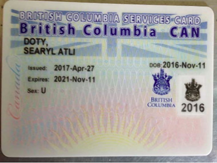 IMAGE: Searyl Atli Doty was issued a gender-less health card from the British Columbia Medical Services Plan (MSP)