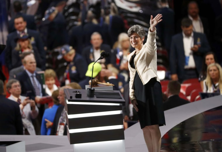 Image: U.S. Senator Joni Ernst of Iowa waves as she arrives to speak at the Republican National Convention in Cleveland, Ohio