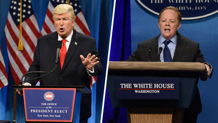 Alec Baldwin as Trump and Melissa McCarthy as Sean Spicer on "Saturday Night Live."