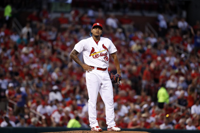 St. Louis Cardinals starting pitcher Carlos Martinez stands on the mound after giving up a solo home run to New York Mets' Jay Bruce during the fifth inning of a baseball game Friday, July 7, 2017, in St. Louis.