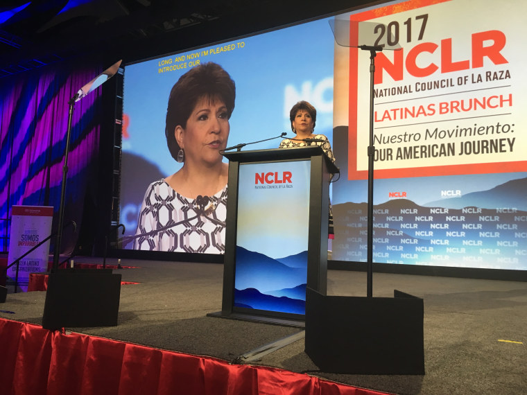 NCLR, which stands for National Council of La Raza, will now be UnidosUS.  In photo, the organization's president and CEO Janet Murguia speaks during the group's annual conference in Phoenix, Arizona on 7/9/17.