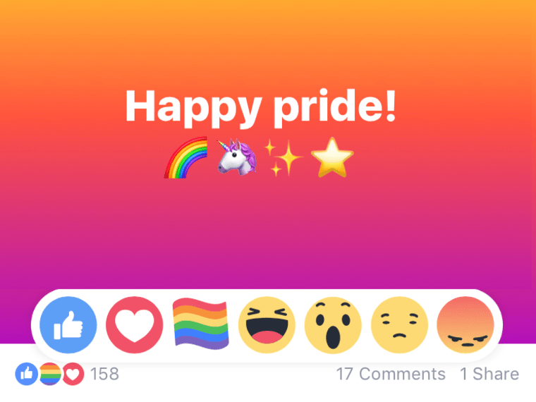 A rainbow pride flag can be seen among Facebook's other "reactions," including a thumbs up and a heart.