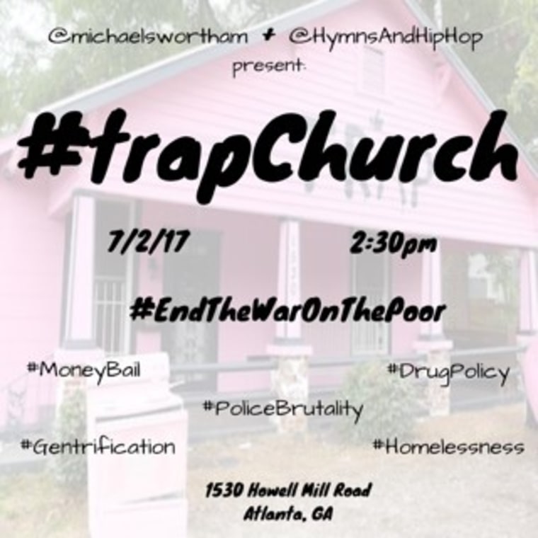 Image: A flyer for rapper 2 Chainz sponsored event 'Trap Church' hosted at his pink painted 'Trap' House in Atlanta, Georgia.