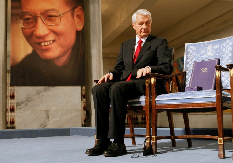 Image: The empty chair where this year's Nobel Peace Prize winner jailed Chinese dissident Liu Xiaobo would have sat