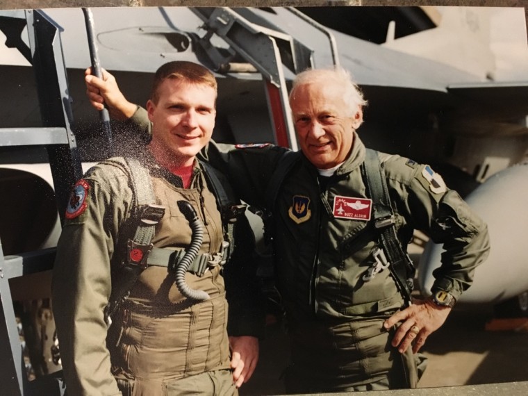 Terry Virts with Buzz Aldrin in 1997. Both were members of the Air Force's "Big 22" fighter squadron, only 40 years apart. 
