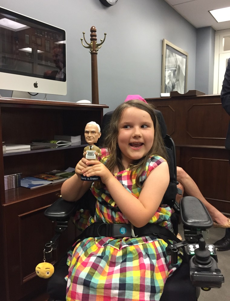 Tilly has been joining mom, Leslie Derrington, as they talk with lawmakers about SMA. When they met Claire McCaskill, Tilly tried swiping her Harry Truman bobble head doll.