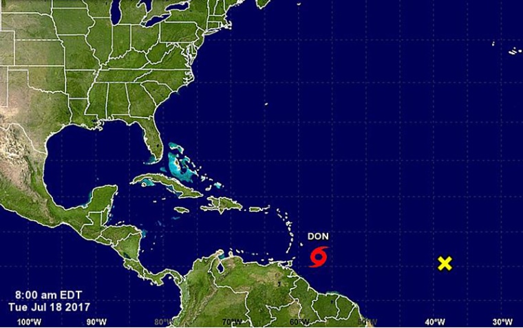 A map shows the location Tropical Storm Don in the Atlantic on Tuesday.