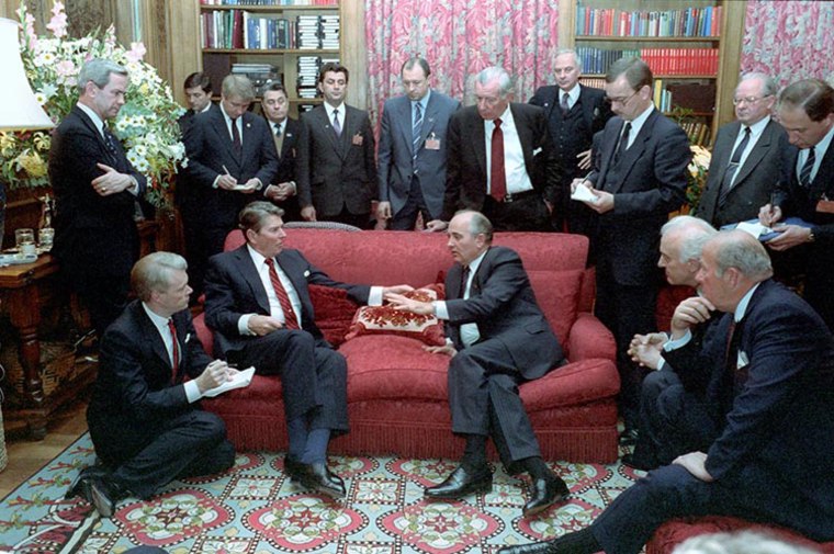 Image: President Ronald Reagan, seated left, meets with Soviet General Secretary Mikhail Gorbachev at Maison de Saussure during the Geneva Summit