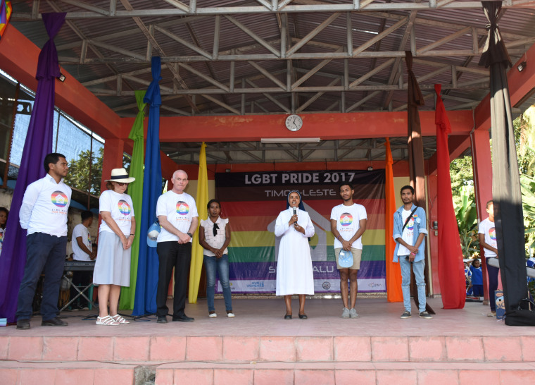 Image: Sister Priska leads a prayer before the start of the Pride March in Dili, East Timor.