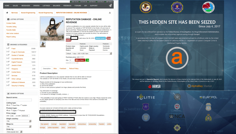 Image: AlphaBay before and after the website shutdown