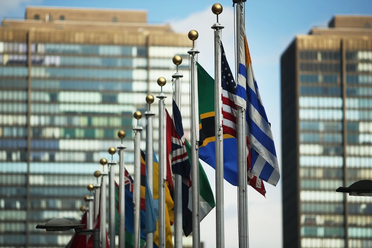 Image: The American flag flies with other nation's flag outside of the United Nations on January 26, 2017 in New York City.