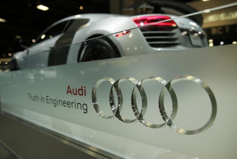 Audi four rings logo is seen with an R8 Competition coupe at Auto Show in Washington