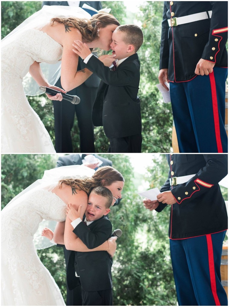 U.S. Marine Corps Sergeant Joshua Newville and Senior Airman Emily Leehan got married on Saturday in upstate New York. Newville's son, Gage, became overwhelmed with emotion at the ceremony.