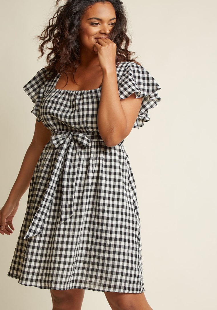 Flutter Sleeve Cotton A-Line Dress with Pockets in Gingham