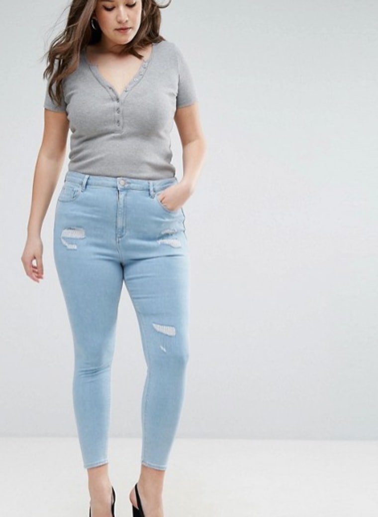 ASOS CURVE High Waist Ridley Skinny Jean In Hibiscus Light Wash Blue