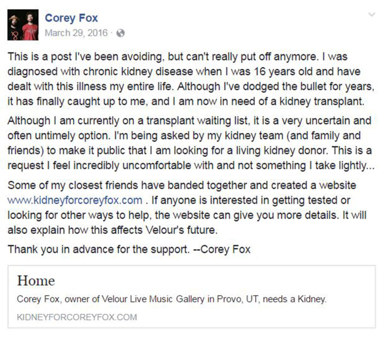 Normally very private, Fox posted about his condition on Facebook.