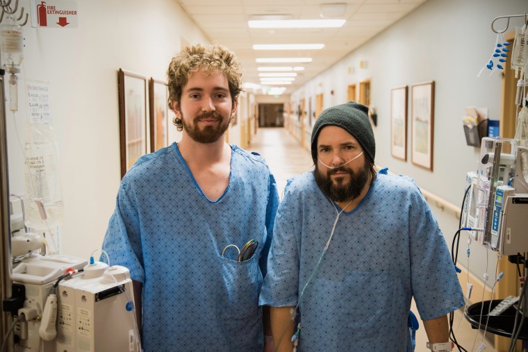 Brandon Robbins and Corey Fox together after kidney transplant surgery. Robbins got his start as a musician at Fox's small Provo club.