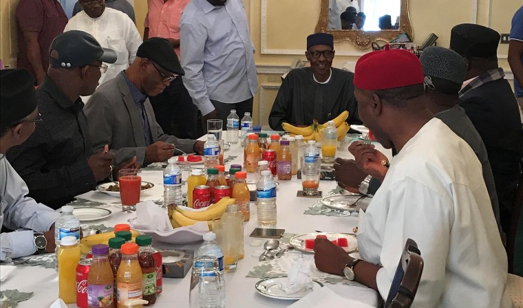 Image: Nigeria's President Muhammadu Buhari receives a delegation of the All Progressives Congress (APC) party in Abuja House in London, Britain