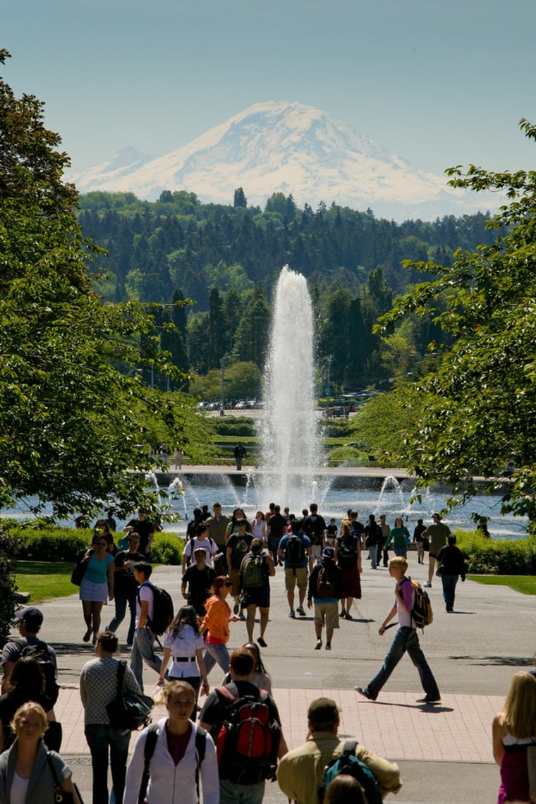 The University of Washington campus with Mount Rainier in the background.