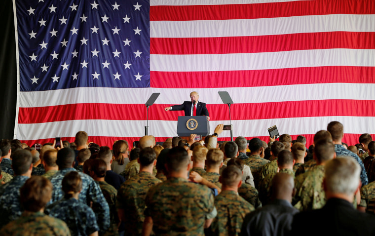 Image: U.S. President Donald Trump delivers remarks to U.S. military personnel at Naval Air Station Sigonella following the G7 Summit, in Sigonella
