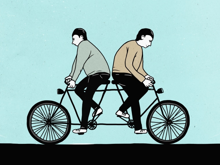 Image: Illustration of male friends riding a tandem bicycle in opposite directions