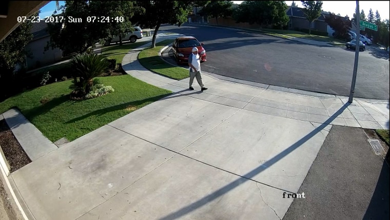 Security video shows Subag Singh of Fresno walking away form his house on July 23.