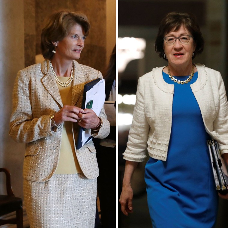 LEFT: Sen. Lisa Murkowski (R-AK) leaves the Senate Chamber following a couple of votes in the U.S. Capitol July 26, 2017 in Washington, DC. RIGHT: Senator Susan Collins (R-ME) walks to the Senate floor ahead of a vote on the health care bill on Capitol Hill in Washington, July 27, 2017.