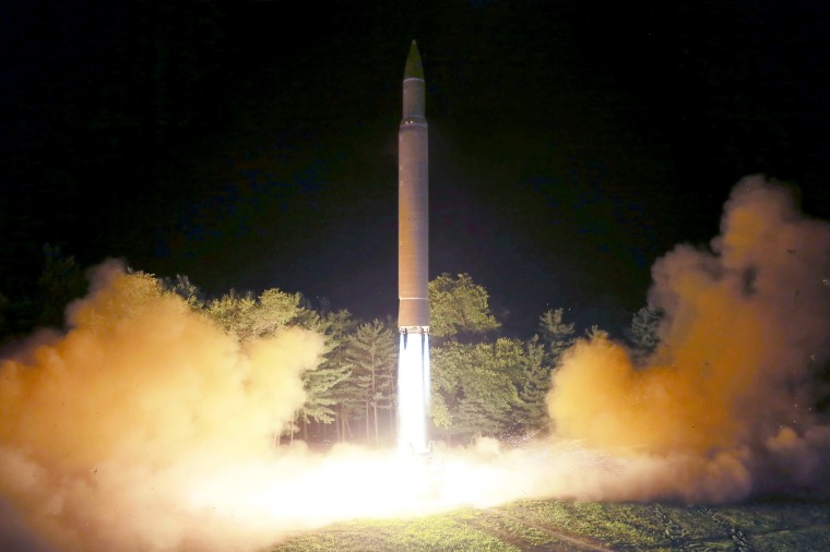 Image: This July 28, 2017 picture released from North Korea's official Korean Central News Agency (KCNA) on July 29, 2017 shows North Korea's intercontinental ballistic missile (ICBM), Hwasong-14 being launched at an undisclosed place in North Korea.