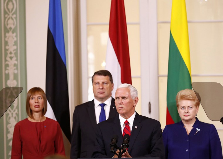 Image: U.S. Vice President Mike Pence speaks during a joint news conference with Estonia's President Kersti Kaljulaid, Lithuania's President Dalia Grybauskaite and Latvia's President Raimonds Vejonis in Tallinn, Estonia, July 31, 2017.