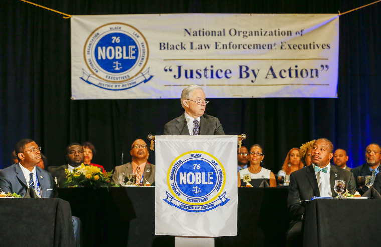 Image: US Attorney General Jeff Sessions speaks to the National Organization of Black Law Enforcement Executives