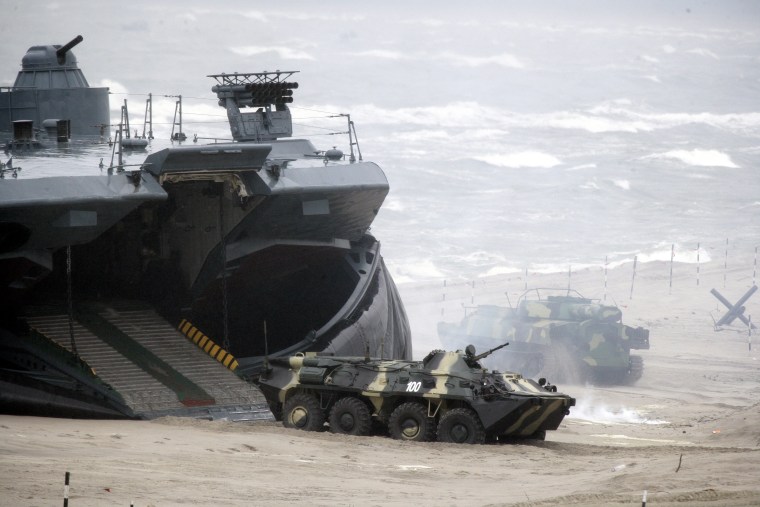 Image: Russian soldiers participate in a military exercise at the Baltic Fleet's Khmelyovka training center