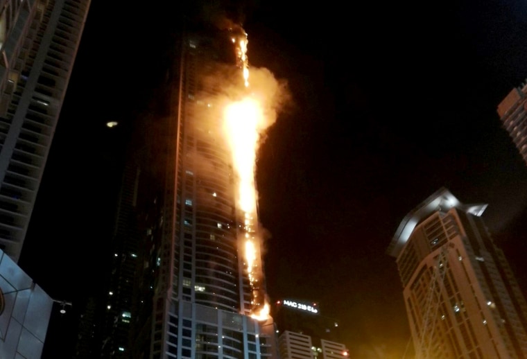 Image: Flames shoot up the sides of the Torch tower residential building in the Marina district, Dubai, United Arab Emirates in this picture by Mitch Williams