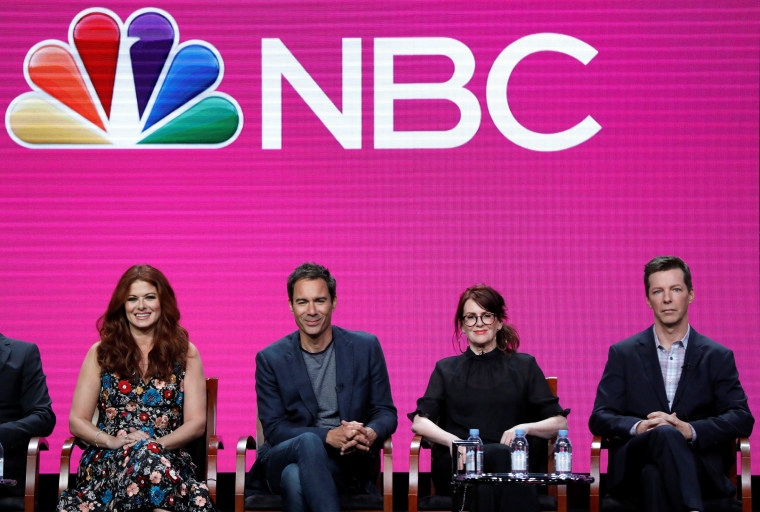 Image: Cast members Messing, McCormack, Mullally and Hayes attend a panel for the television series \"Will & Grace\" during the TCA NBC Summer Press Tour in Beverly Hills