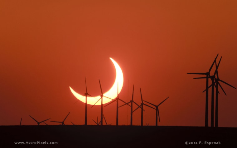 The annular solar eclipse among wind turbines in Elida, New Mexico, in 2012.