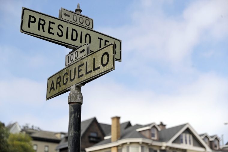Image: Street signs are seen at the intersection of Presidio Terrace and Arguello at the entrance to the Presidio Terrace neighborhood