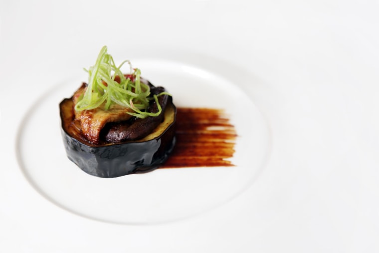 A dish by chef Niki Nakayama's dish featuring nasu (Japanese eggplant) and foie gras.