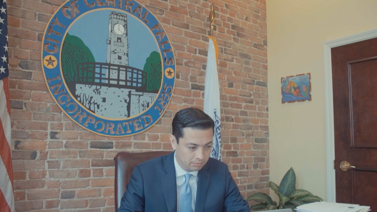 Mayor James Diossa works in his office in Central Falls, RI.