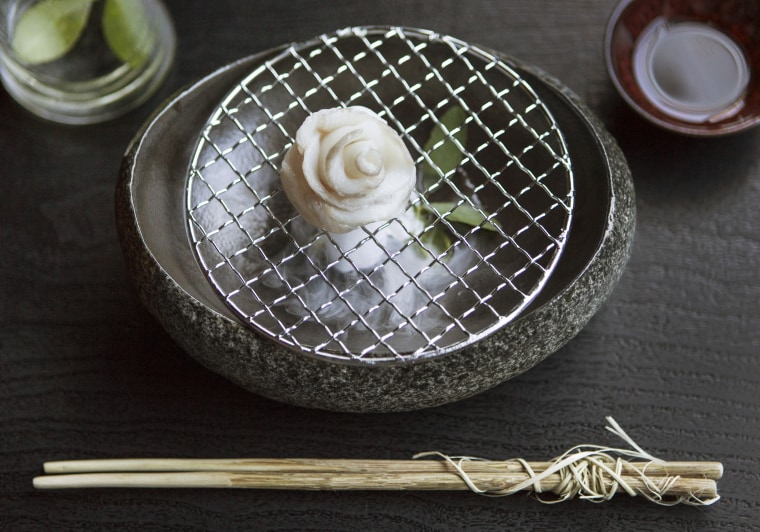 Black cod sashimi from n/naka in Los Angeles.