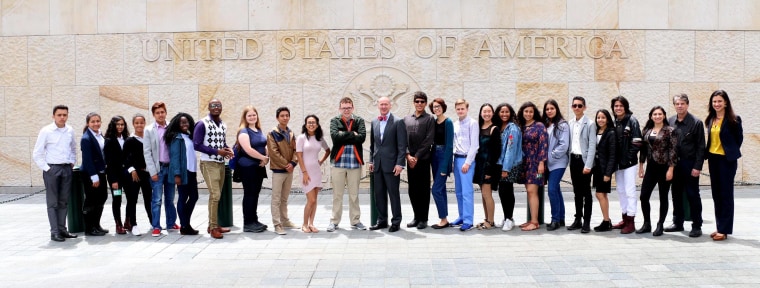 Participants of the Partners of the Americas Youth Ambassadors Program in front of the U.S. embassy in Bogotá, Colombia. July 2017
