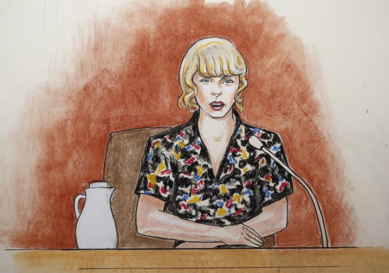 Image: In this courtroom sketch, pop singer Taylor Swift speaks from the witness stand during a trial, Aug. 10, 2017, in Denver.